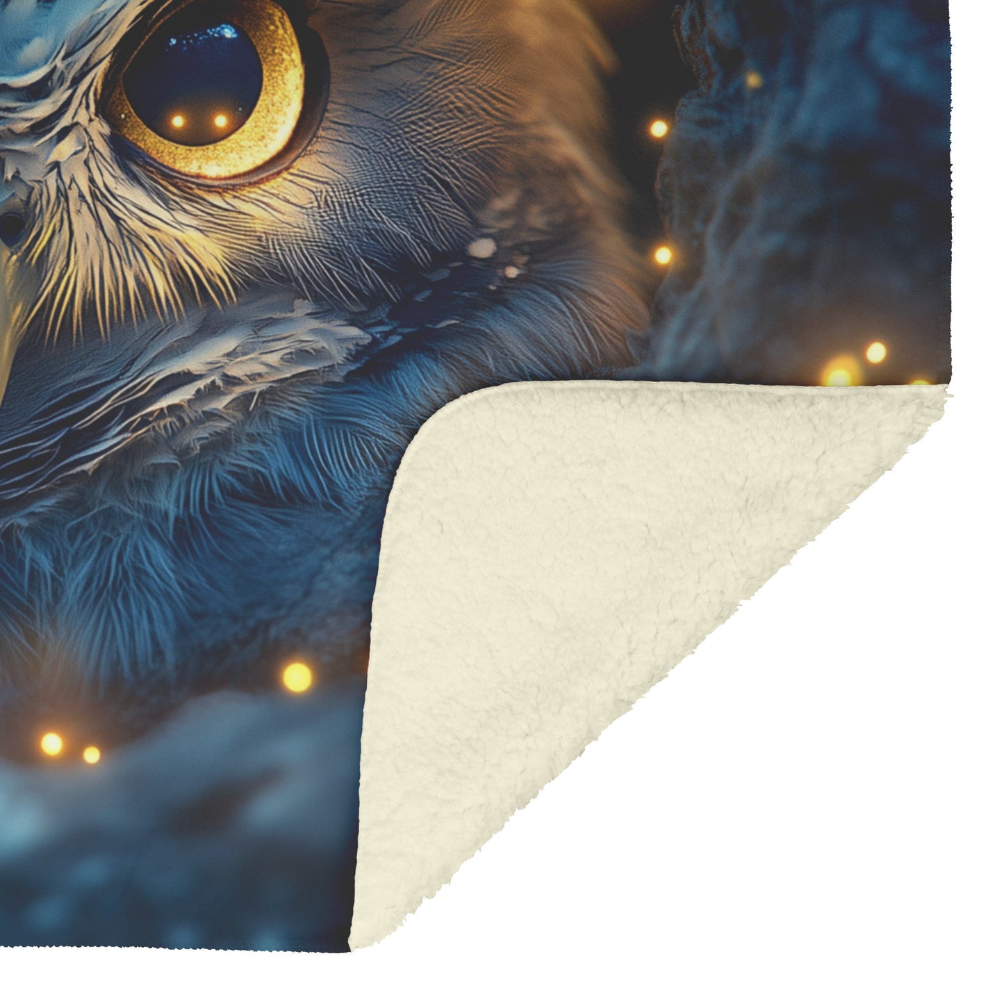 Small Owl in Hollow Tree Twilight Forest Glowing Fireflies Golden Eyes Fleece Sherpa Blanket - Awakening Righteousness