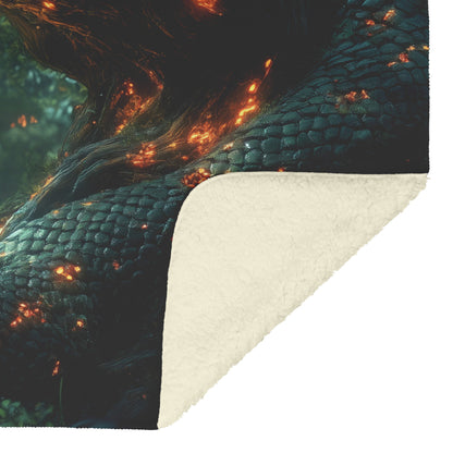 Snake in the Tree of Life Fleece Sherpa Blanket with Glowing Tree and Fiery Embers Design - Awakening Righteousness