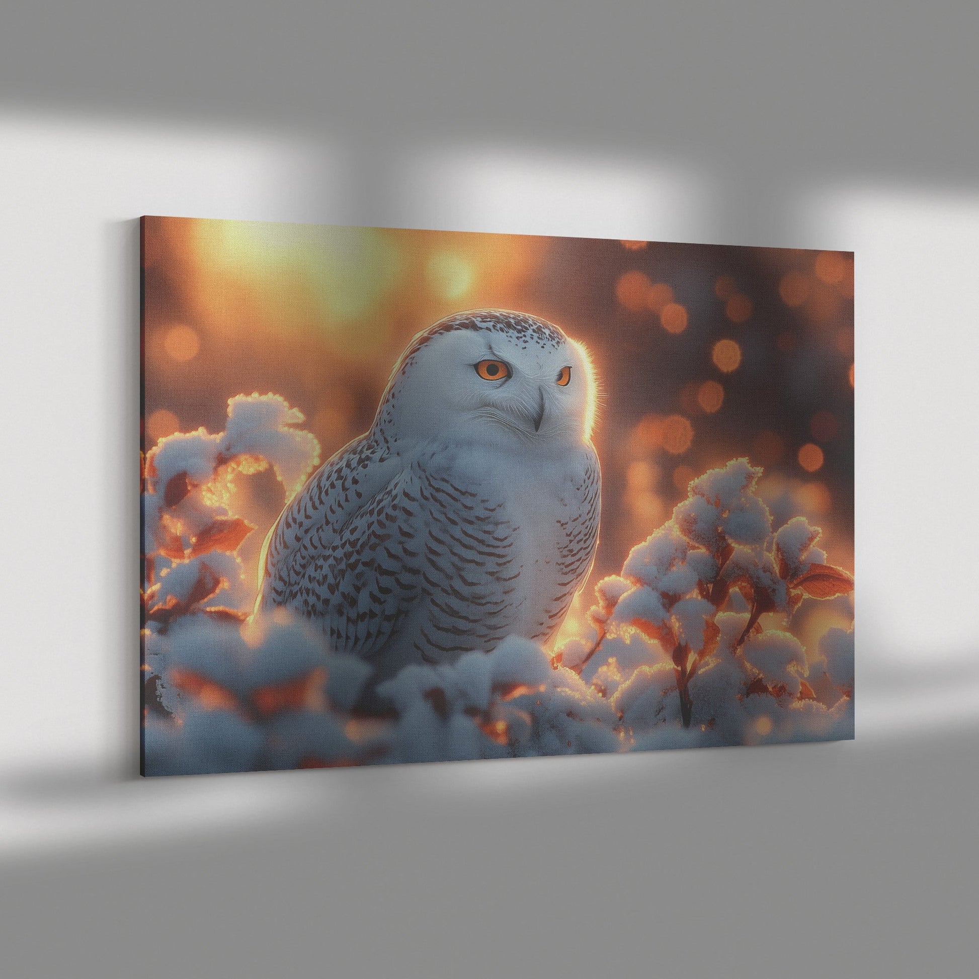 Snowy Owl Resting on Glowing Frosted Tree Branch Shimmering Snowflakes Twilight Glow Canvas Wall Art Decor - Awakening Righteousness