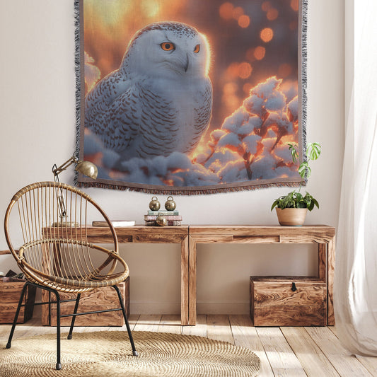 Snowy Owl Resting on Glowing Frosted Tree Branch with Shimmering Snowflakes Under Twilight Light Woven Throw Blanket - Awakening Righteousness