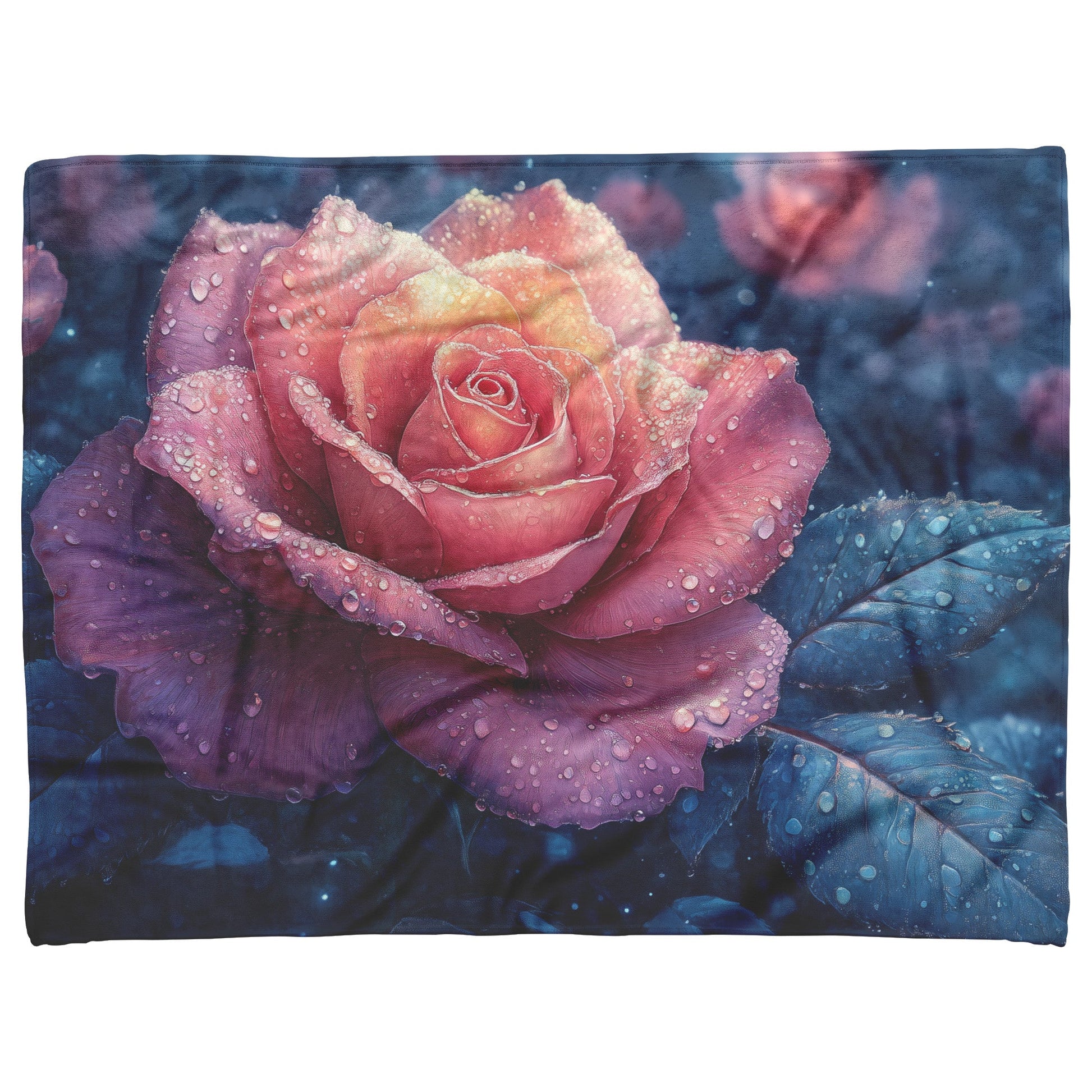 Soft and Cozy Fleece Sherpa Blanket Featuring a Dew-Kissed Rose in a Mystical Garden for Tranquil Comfort - Awakening Righteousness