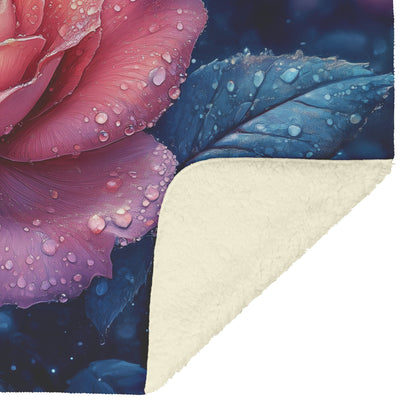 Soft and Cozy Fleece Sherpa Blanket Featuring a Dew-Kissed Rose in a Mystical Garden for Tranquil Comfort - Awakening Righteousness