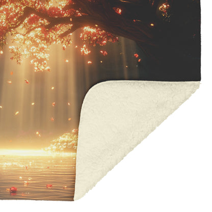 Soft and Cozy Fleece Sherpa Blanket Featuring Vibrant Waterfall and Blossom Tree with Golden Sunlight Glow - Awakening Righteousness
