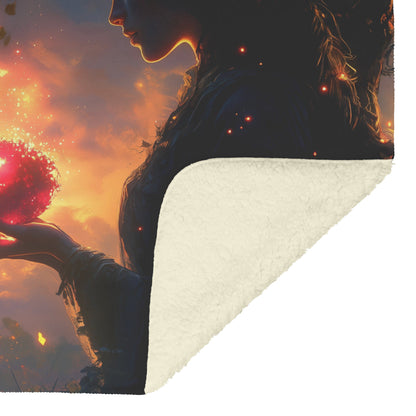 Soft and Cozy Fleece Sherpa Blanket with Eve Holding the Forbidden Apple in Glowing Sunset Forest - Awakening Righteousness