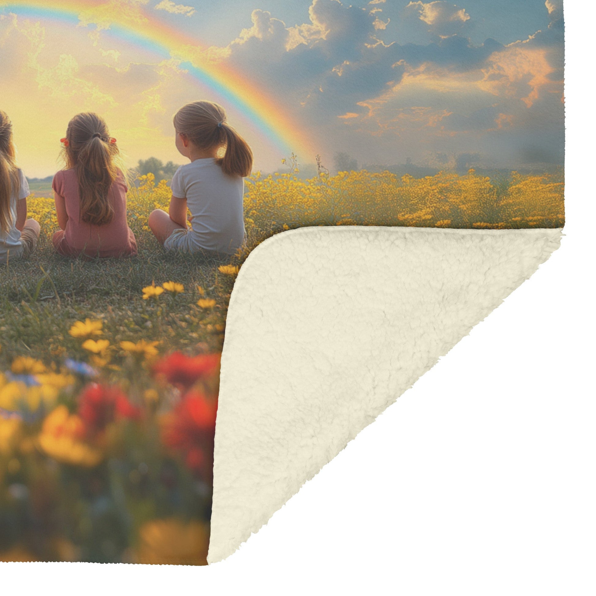 Soft and Cozy Fleece Sherpa Blanket with Rainbow Over Flower Field and Children for Warmth and Comfort - Awakening Righteousness
