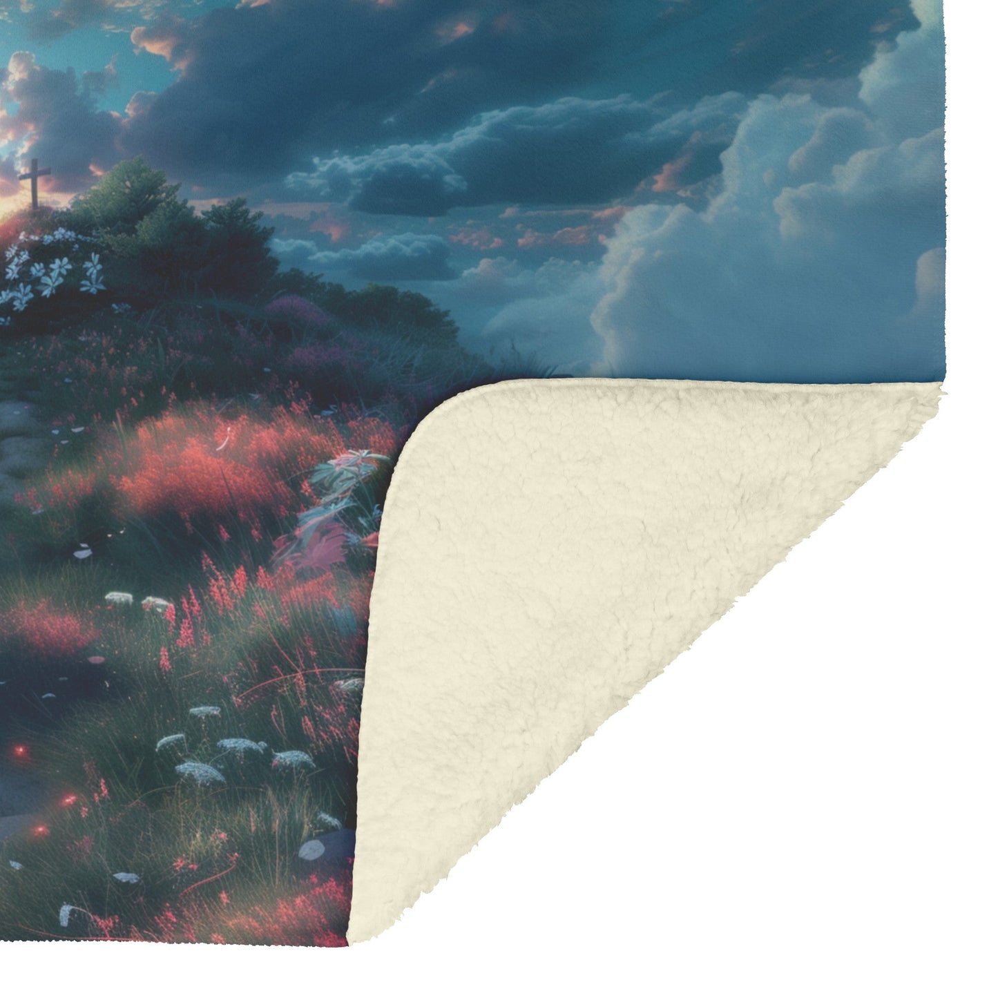 Soft and Cozy Fleece Sherpa Blanket with Serene Sunset Over Flower-Filled Path for Relaxing Comfort - Awakening Righteousness