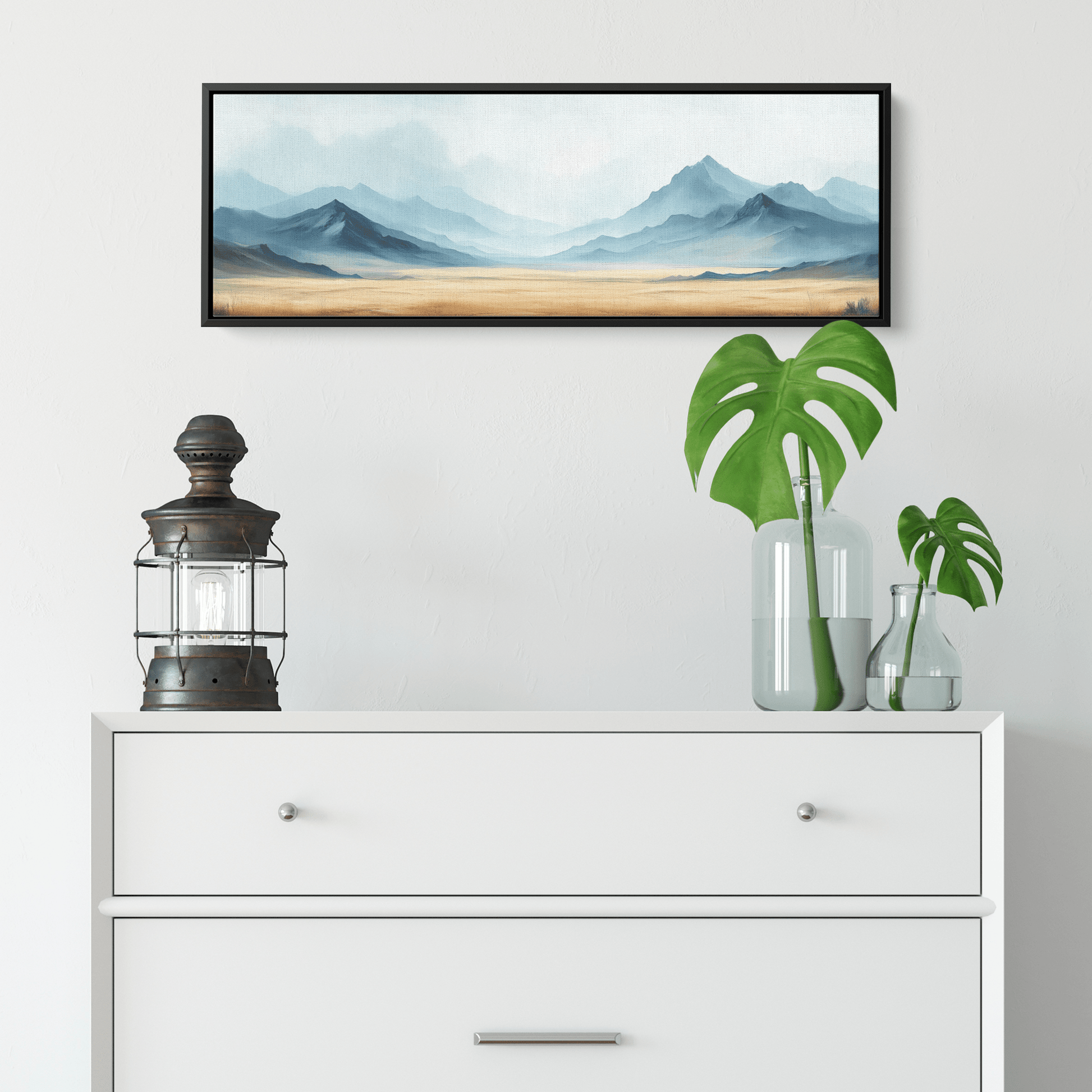 Soft Muted Nature Illustration Flat Plain Distant Mountains Beige Gray Tones Ultra High Definition Refined Textures Panoramic Framed Canvas Wall Art - Awakening Righteousness