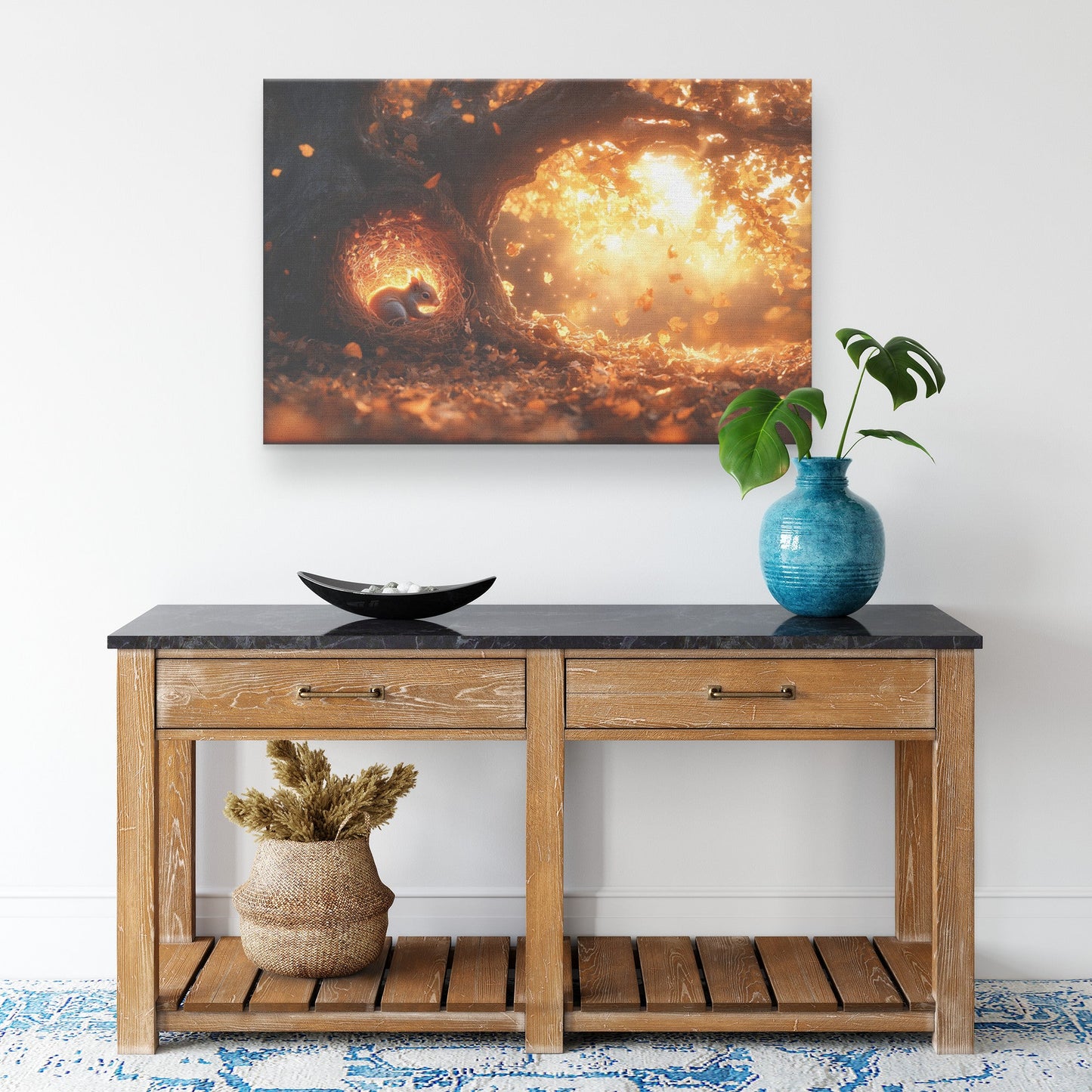 Squirrel Curled Up in Nest Inside Glowing Tree Hollow with Golden Light and Falling Autumn Leaves Canvas Wall Art - Awakening Righteousness