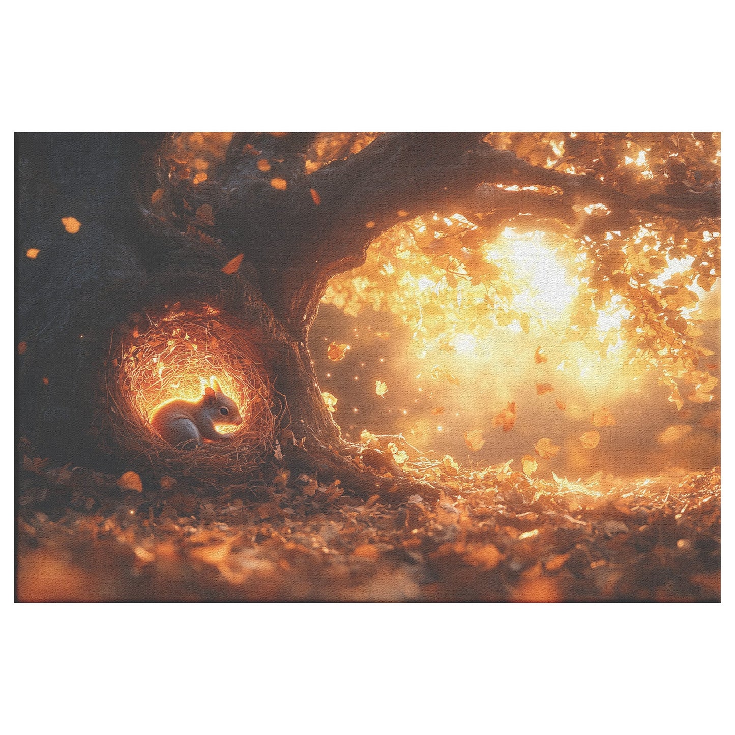 Squirrel Curled Up in Nest Inside Glowing Tree Hollow with Golden Light and Falling Autumn Leaves Canvas Wall Art - Awakening Righteousness