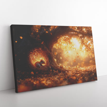 Squirrel Curled Up in Nest Inside Glowing Tree Hollow with Golden Light and Falling Autumn Leaves Canvas Wall Art - Awakening Righteousness