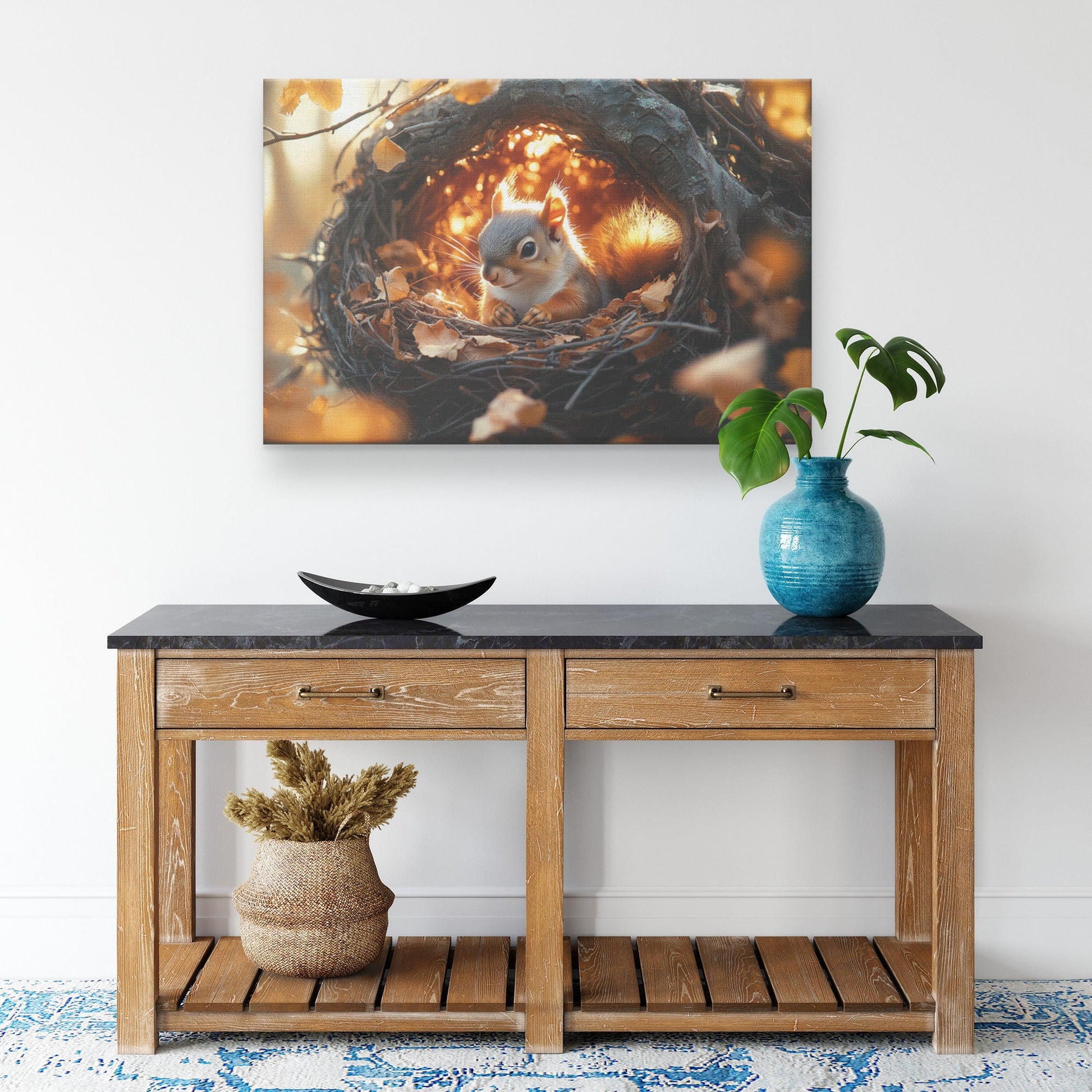 Squirrel Curled Up in Nest Inside Glowing Tree Hollow with Golden Light and Falling Autumn Leaves Canvas Wall Art - Awakening Righteousness