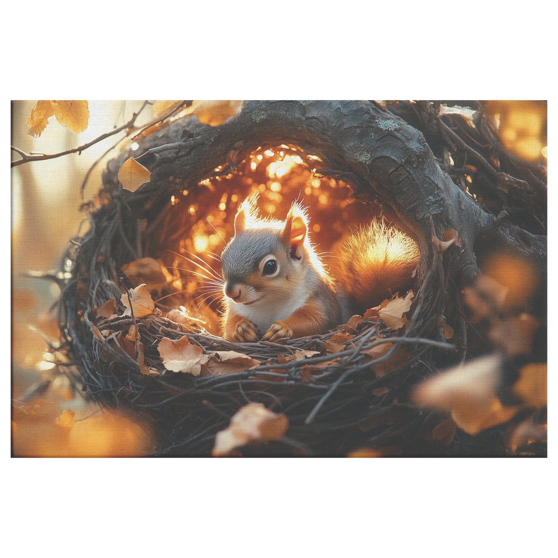 Squirrel Curled Up in Nest Inside Glowing Tree Hollow with Golden Light and Falling Autumn Leaves Canvas Wall Art - Awakening Righteousness