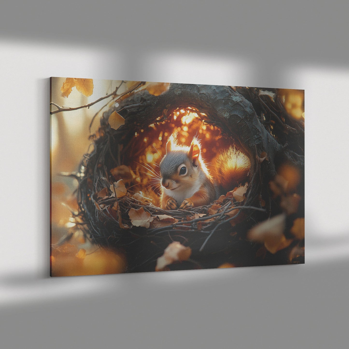 Squirrel Curled Up in Nest Inside Glowing Tree Hollow with Golden Light and Falling Autumn Leaves Canvas Wall Art - Awakening Righteousness