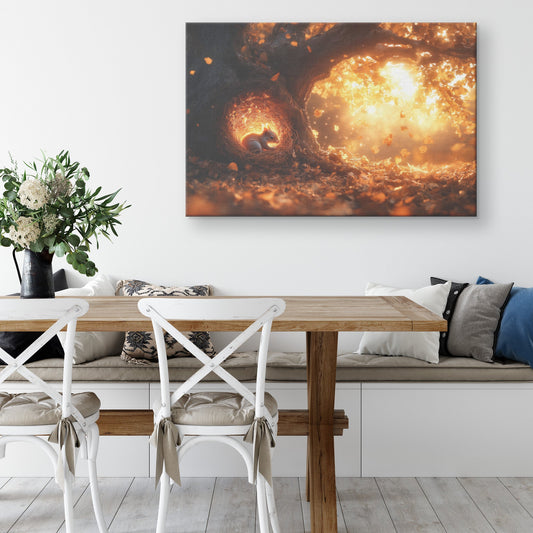 Squirrel Curled Up in Nest Inside Glowing Tree Hollow with Golden Light and Falling Autumn Leaves Canvas Wall Art - Awakening Righteousness