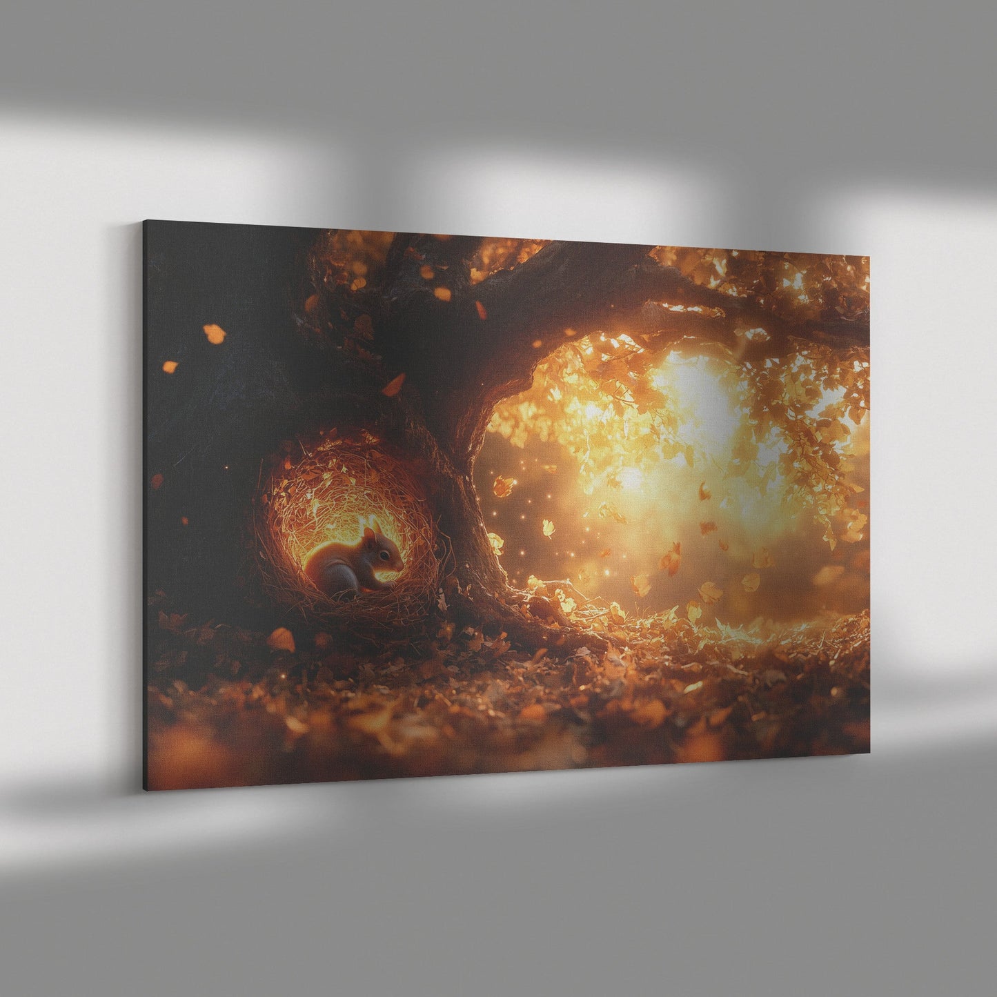 Squirrel Curled Up in Nest Inside Glowing Tree Hollow with Golden Light and Falling Autumn Leaves Canvas Wall Art - Awakening Righteousness