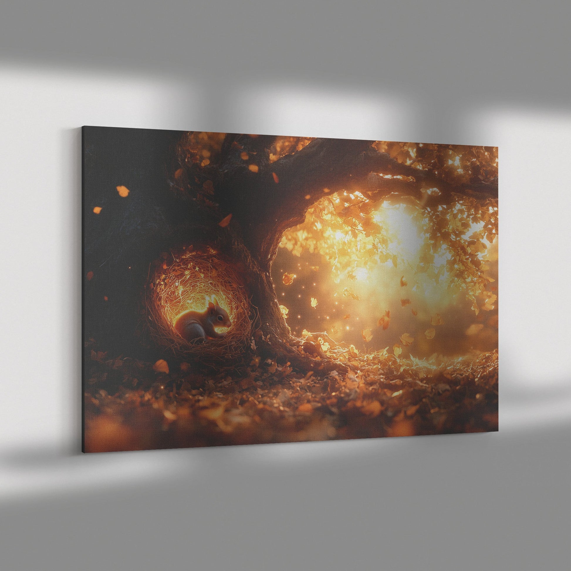 Squirrel Curled Up in Nest Inside Glowing Tree Hollow with Golden Light and Falling Autumn Leaves Canvas Wall Art - Awakening Righteousness