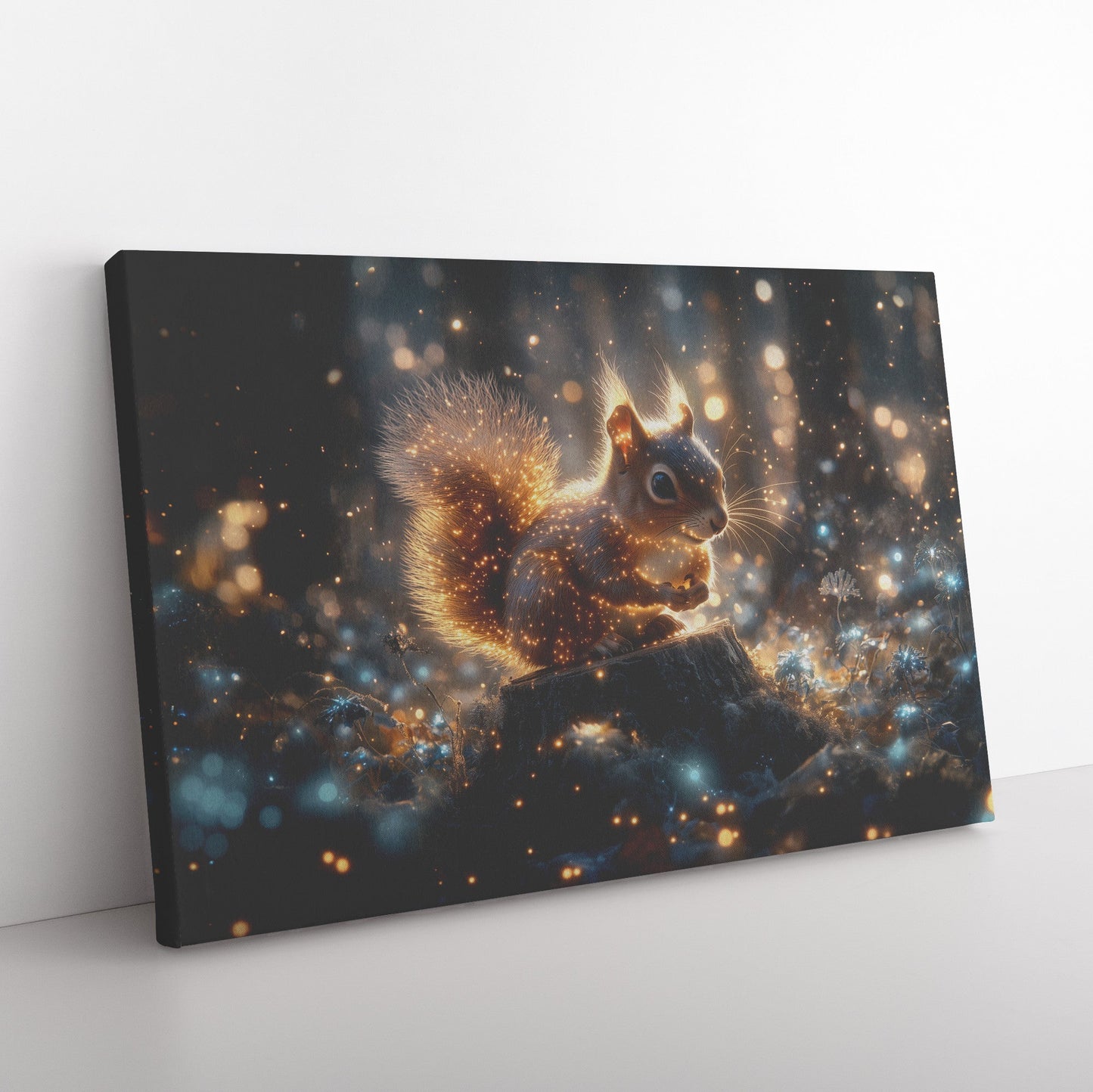 Squirrel with Glowing Fur on Tree Stump in Bioluminescent Forest with Shimmering Blue and Green Plants Canvas Wall Art - Awakening Righteousness
