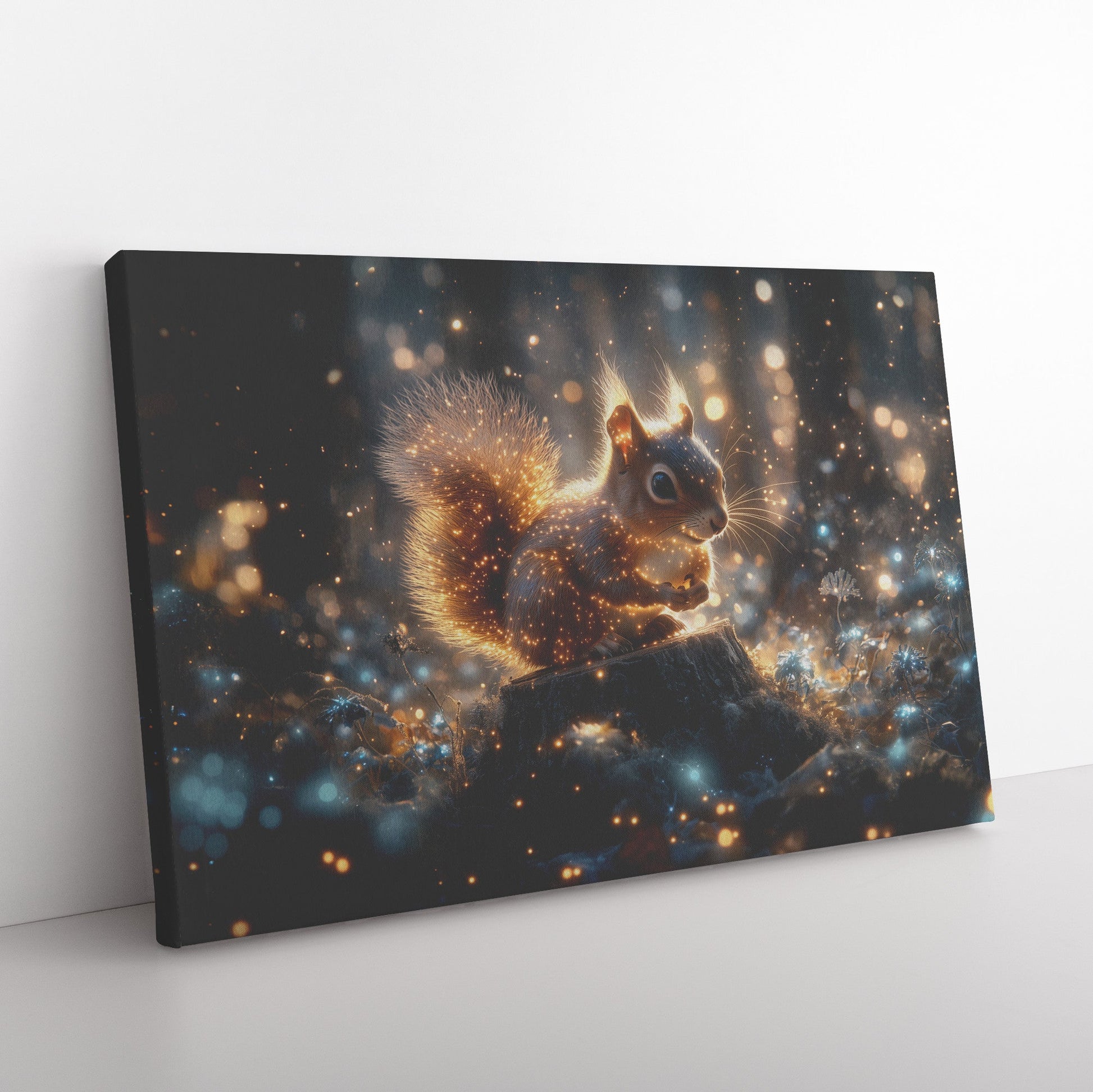 Squirrel with Glowing Fur on Tree Stump in Bioluminescent Forest with Shimmering Blue and Green Plants Canvas Wall Art - Awakening Righteousness