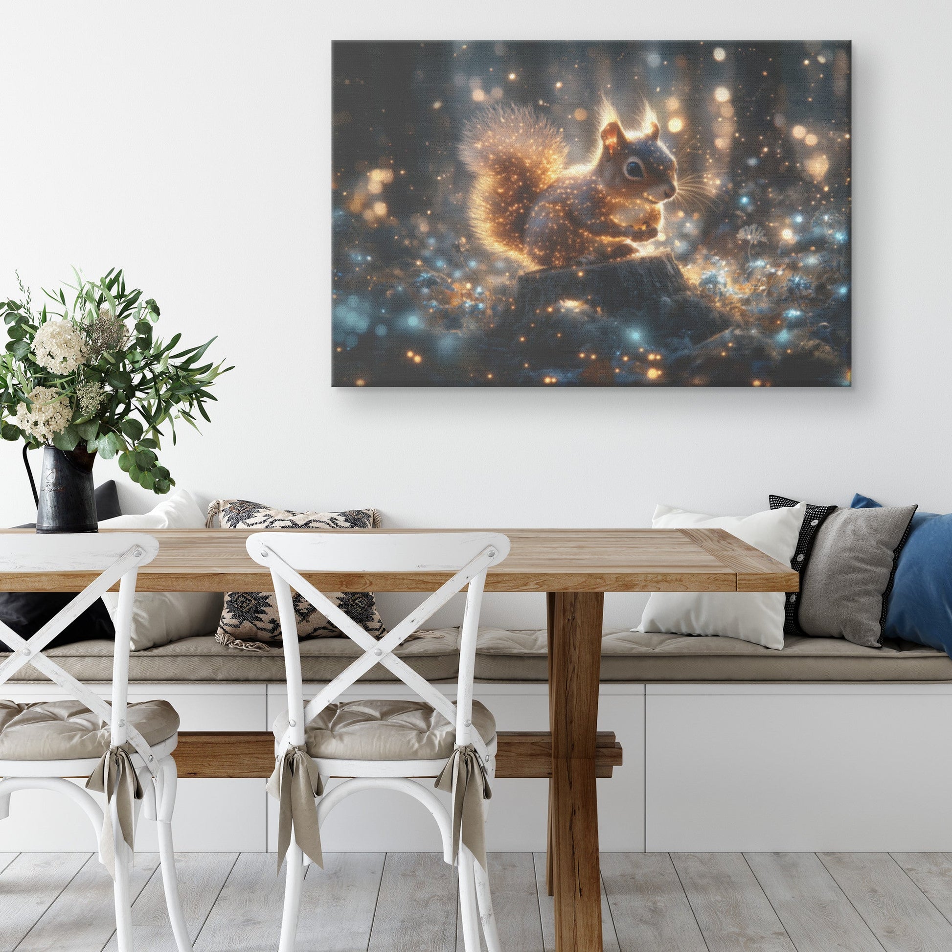 Squirrel with Glowing Fur on Tree Stump in Bioluminescent Forest with Shimmering Blue and Green Plants Canvas Wall Art - Awakening Righteousness