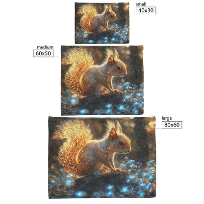 Squirrel with Glowing Fur on Tree Stump in Bioluminescent Forest with Shimmering Blue and Green Plants Fleece Sherpa Blanket - Awakening Righteousness