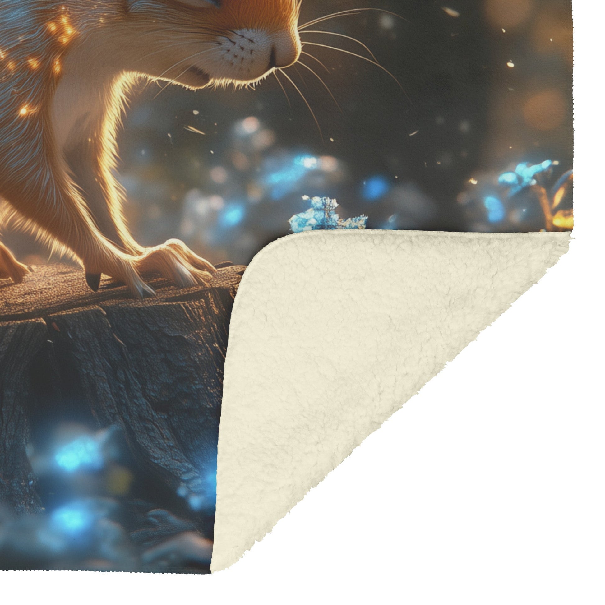 Squirrel with Glowing Fur on Tree Stump in Bioluminescent Forest with Shimmering Blue and Green Plants Fleece Sherpa Blanket - Awakening Righteousness