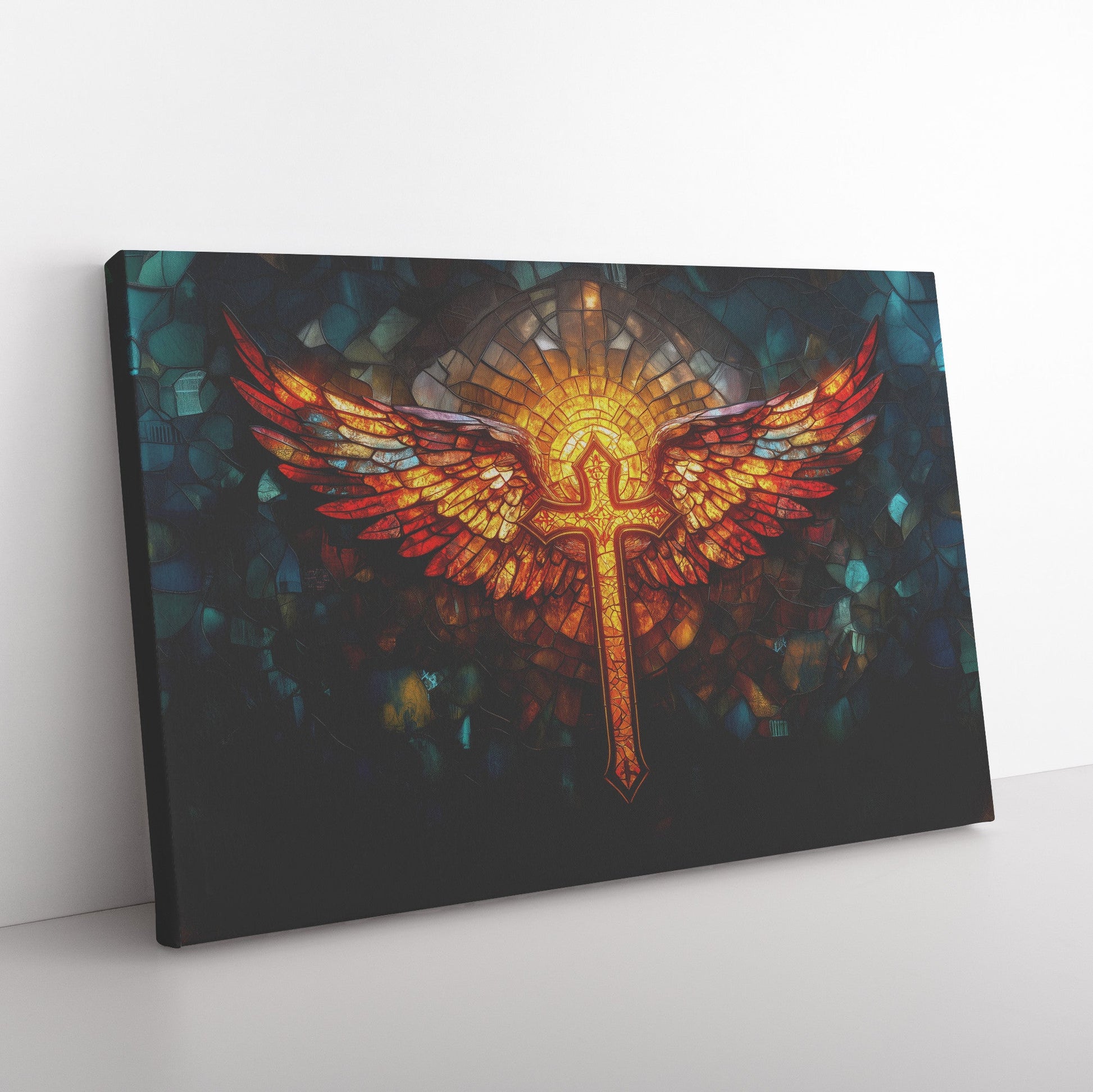 Stained Glass Angel Wings and Cross Christian Canvas Wall Art Inspirational Religious Decor for Home or Church - Awakening Righteousness
