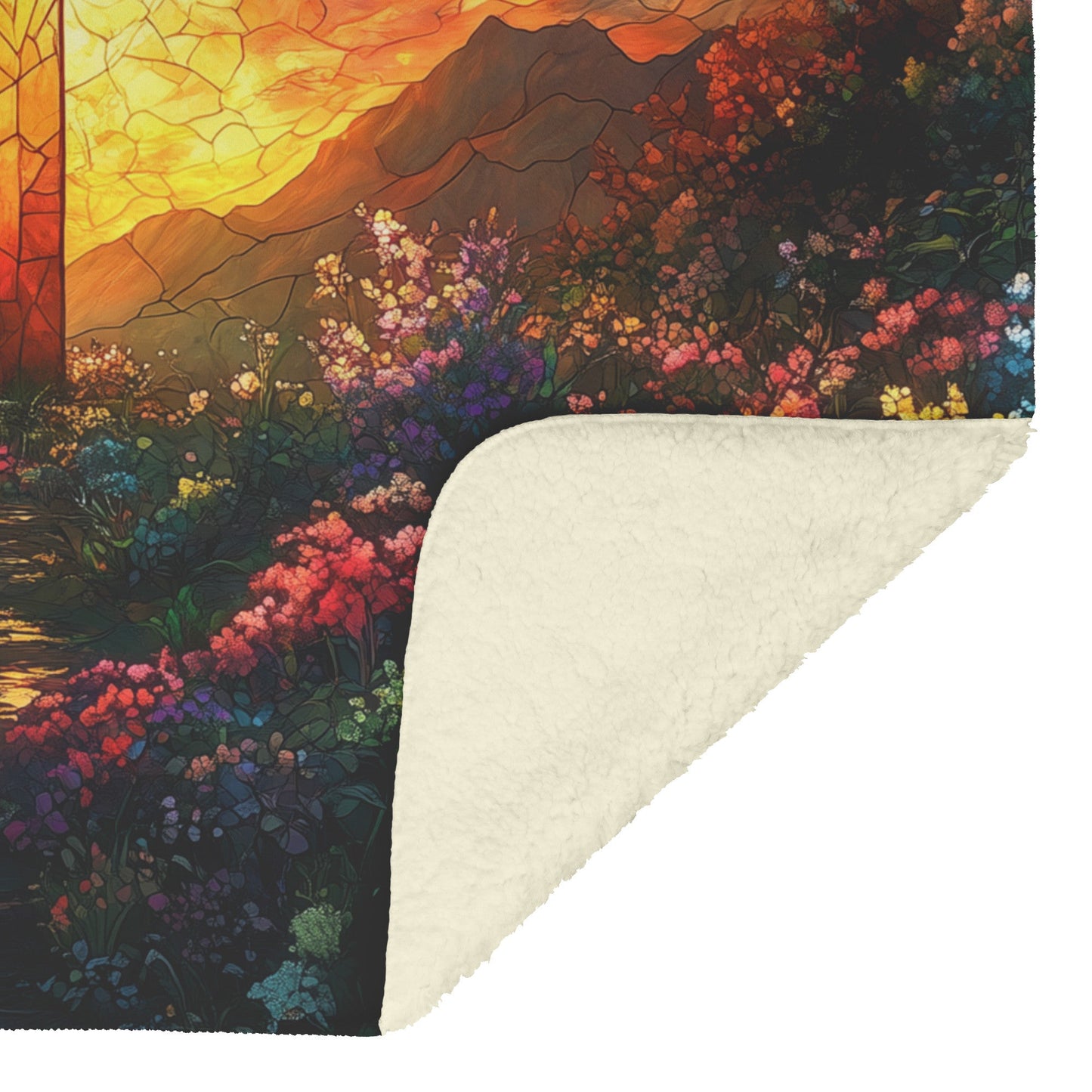 Stained Glass Cross Amidst Blooming Flowers Fleece Sherpa Blanket Christian Inspirational Gift - Awakening Righteousness