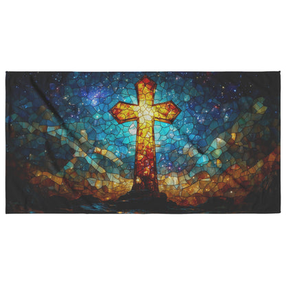 Stained Glass Cross Beach Towel Radiant Night Sky Christian Art Faith Inspired Unique Summer Essential - Awakening Righteousness