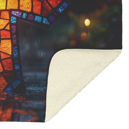 Stained Glass Cross Fleece Sherpa Blanket Vibrant Rainy Night Design Christian Art Cozy Inspirational Gift - Awakening Righteousness