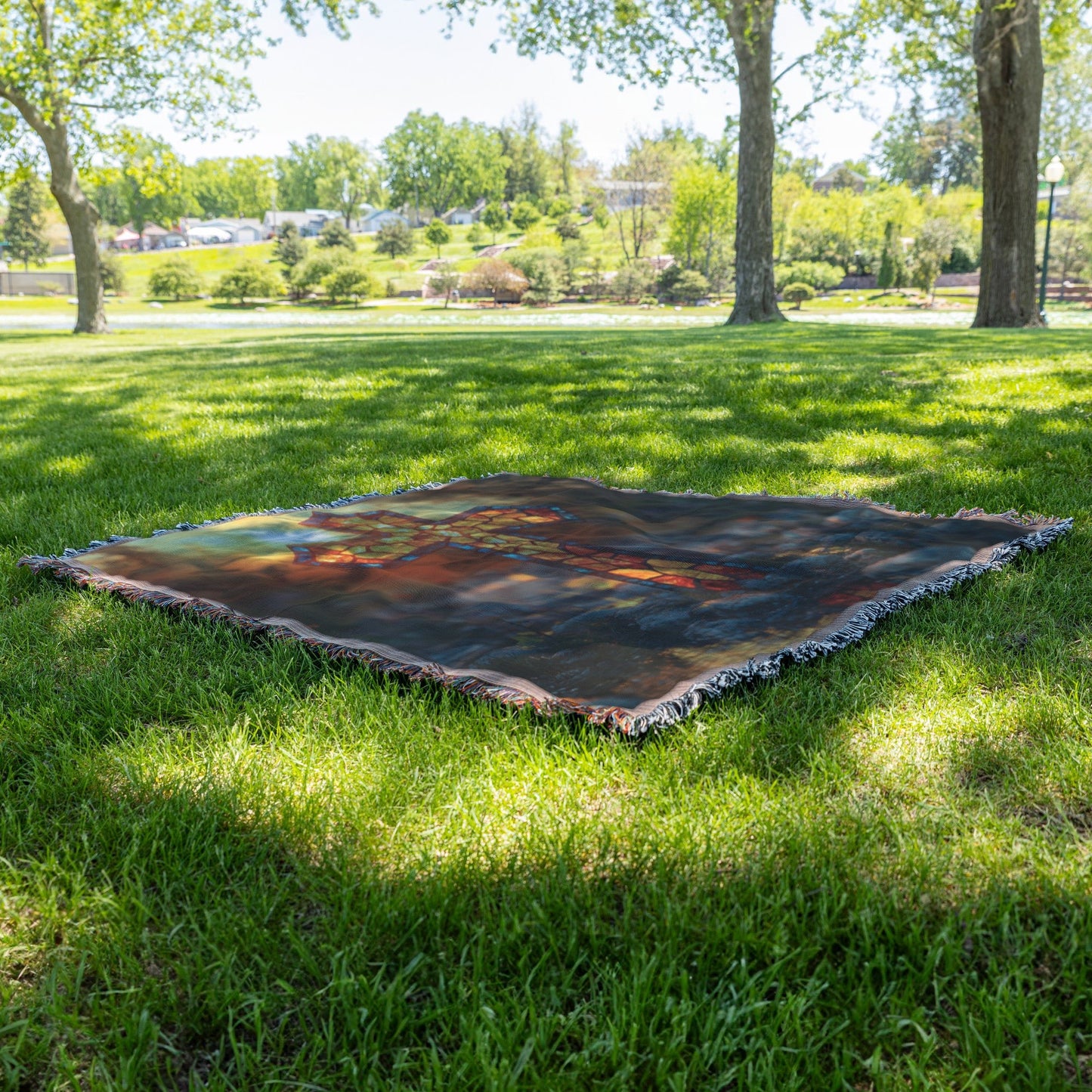 Stained Glass Cross Throw Blanket with Sunset Glow for Inspirational Christian Home Decor - Awakening Righteousness