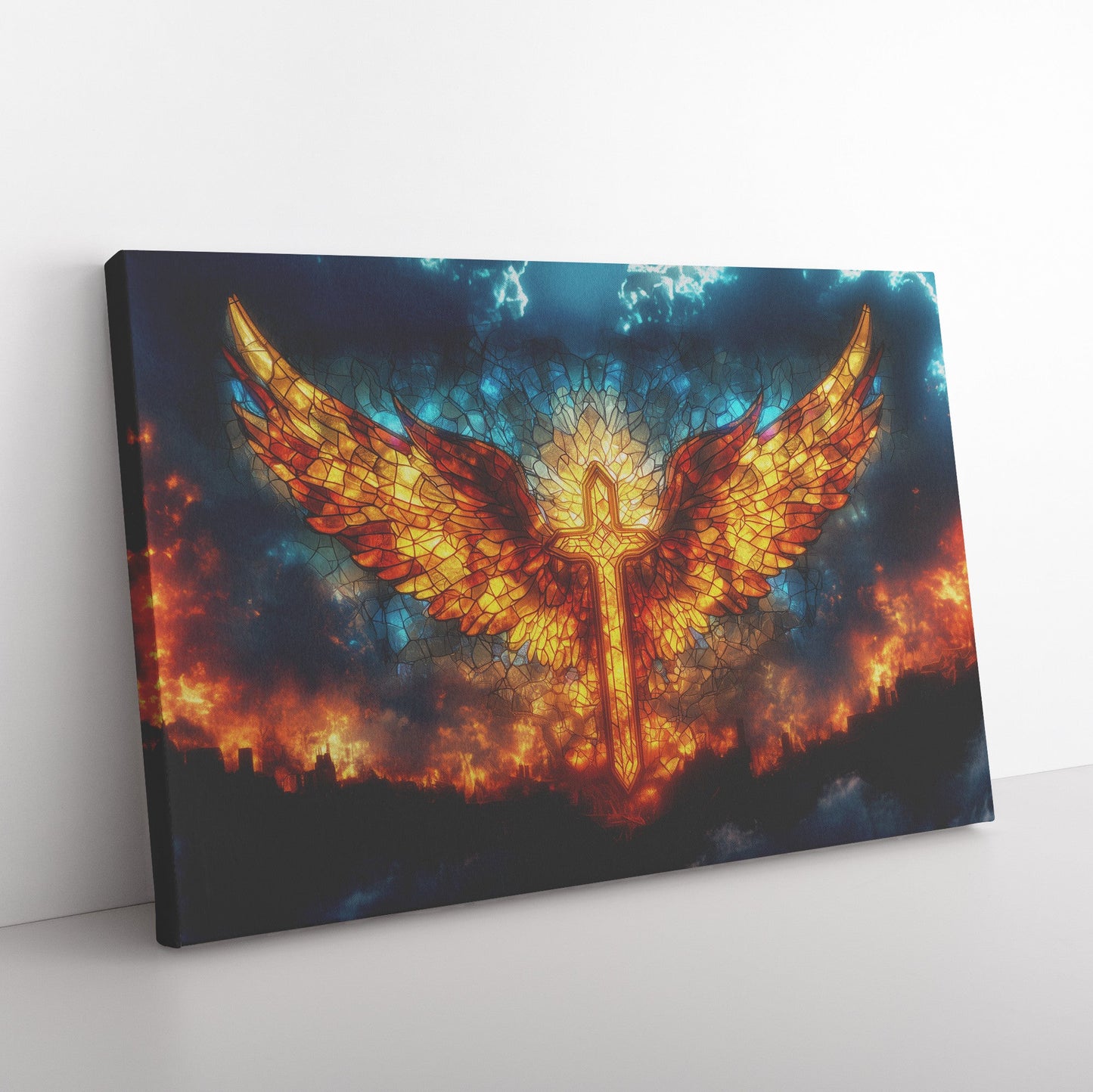 Stained Glass Cross with Angel Wings Christian Canvas Wall Art Over City in Flames with Radiant Sky - Awakening Righteousness