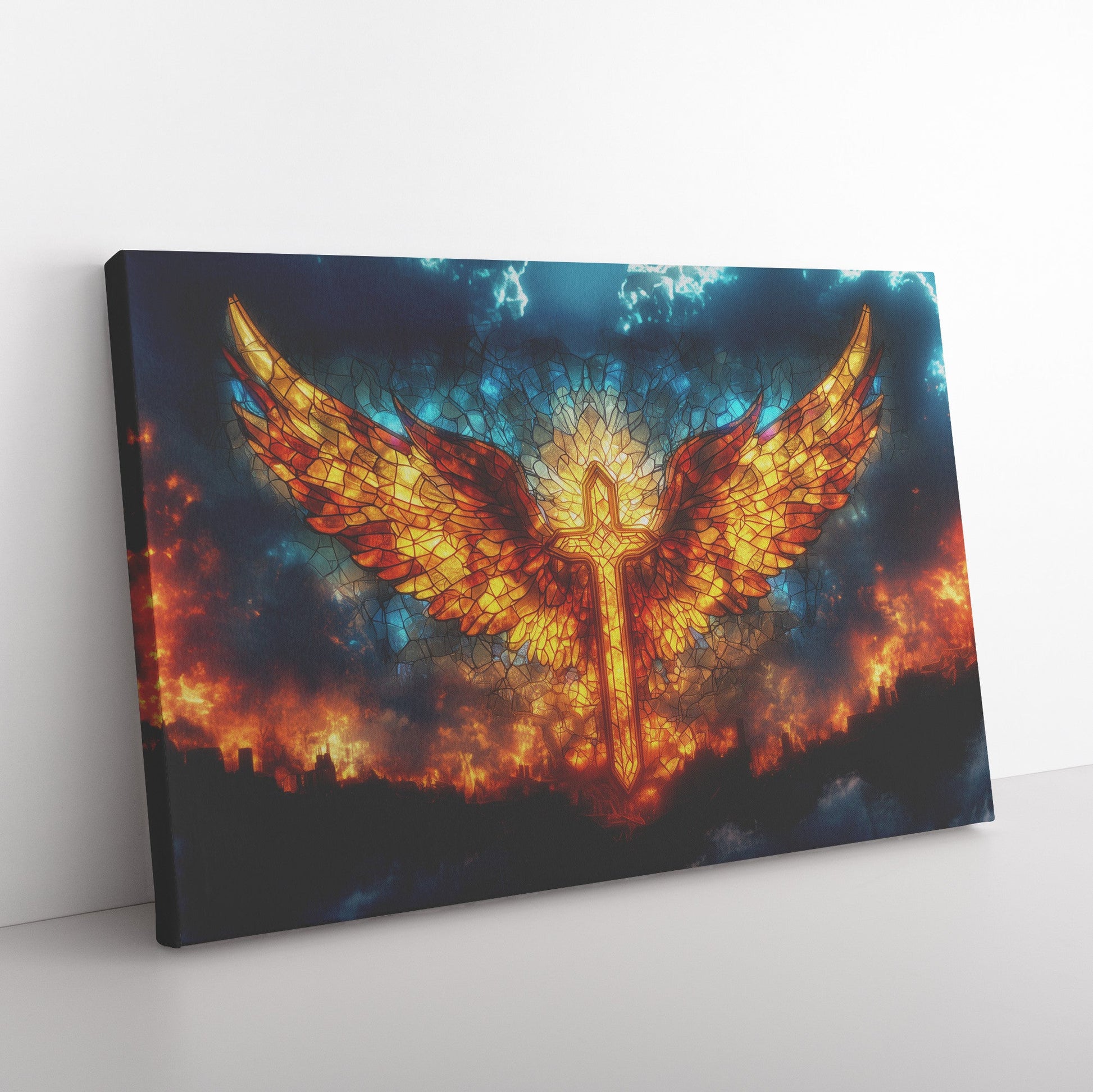 Stained Glass Cross with Angel Wings Christian Canvas Wall Art Over City in Flames with Radiant Sky - Awakening Righteousness