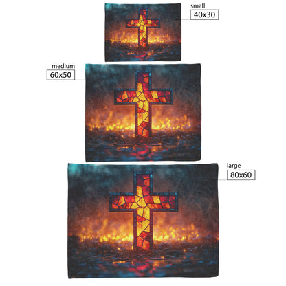 Stained Glass Cross With Fiery Glow Fleece Sherpa Blanket Christian Gift Symbol Of Faith Strength And Hope - Awakening Righteousness