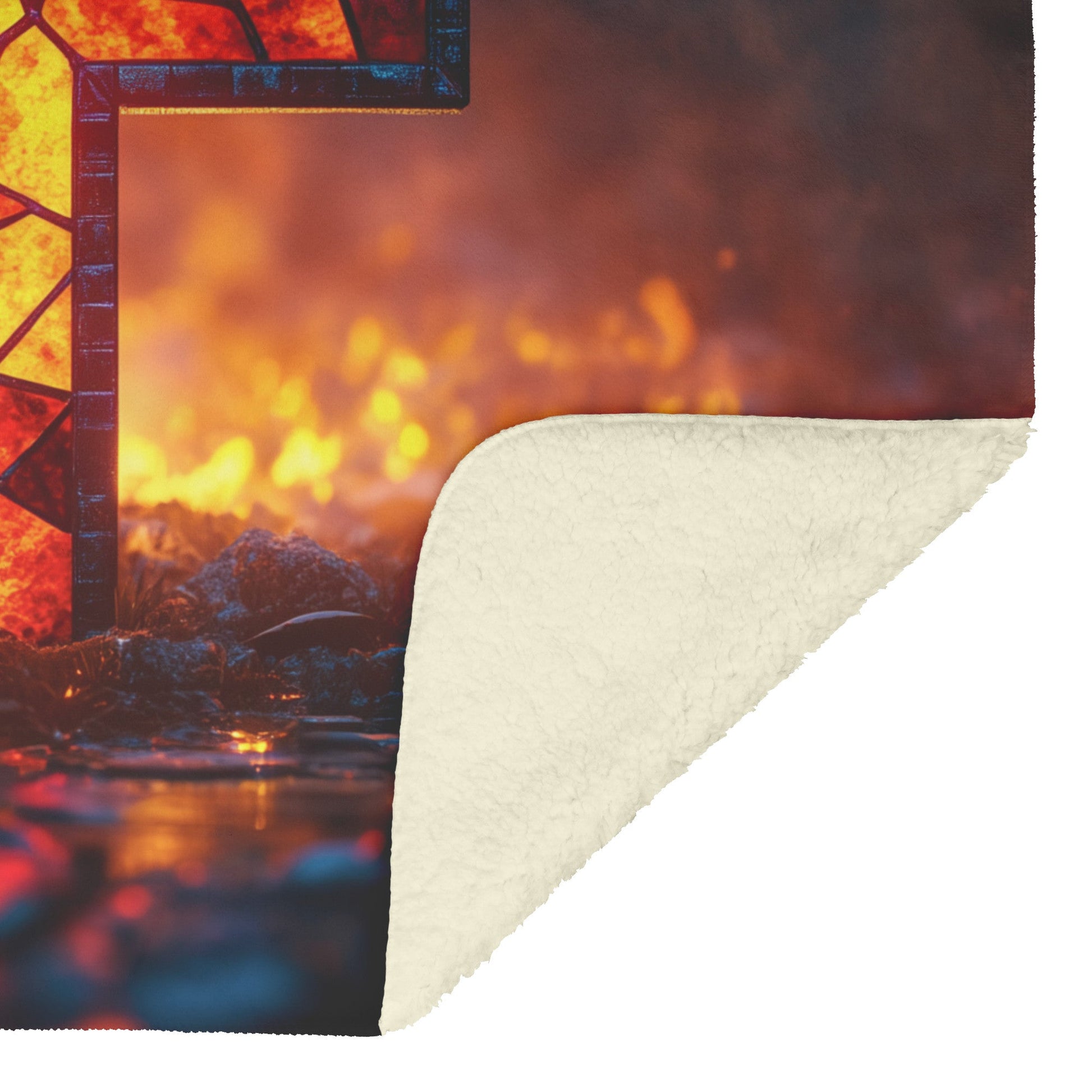 Stained Glass Cross With Fiery Glow Fleece Sherpa Blanket Christian Gift Symbol Of Faith Strength And Hope - Awakening Righteousness