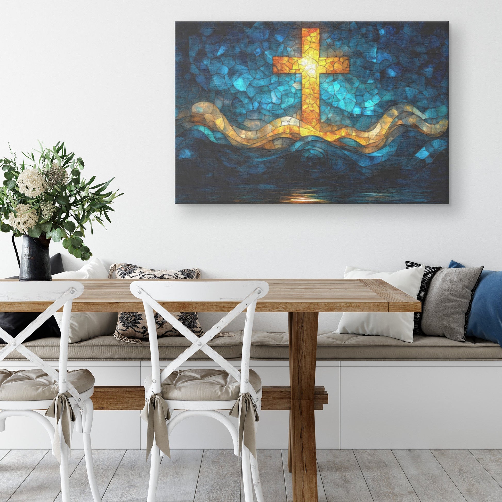 Stained Glass Cross with Flowing Waves and Deep Blue Design Christian Canvas Wall Art for Spiritual Home Decor - Awakening Righteousness