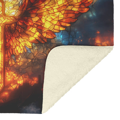 Stained Glass Cross With Glowing Angel Wings Fleece Sherpa Blanket Heavenly Fire Sky Christian Gift Cozy Religious Decor - Awakening Righteousness