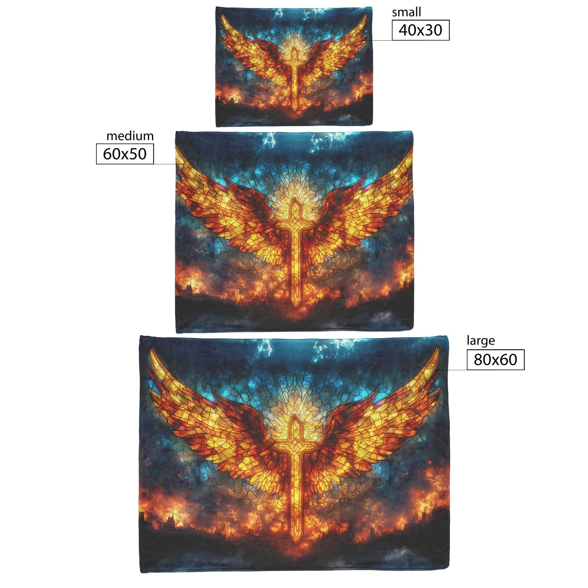 Stained Glass Cross With Glowing Angel Wings Fleece Sherpa Blanket Heavenly Fire Sky Christian Gift Cozy Religious Decor - Awakening Righteousness