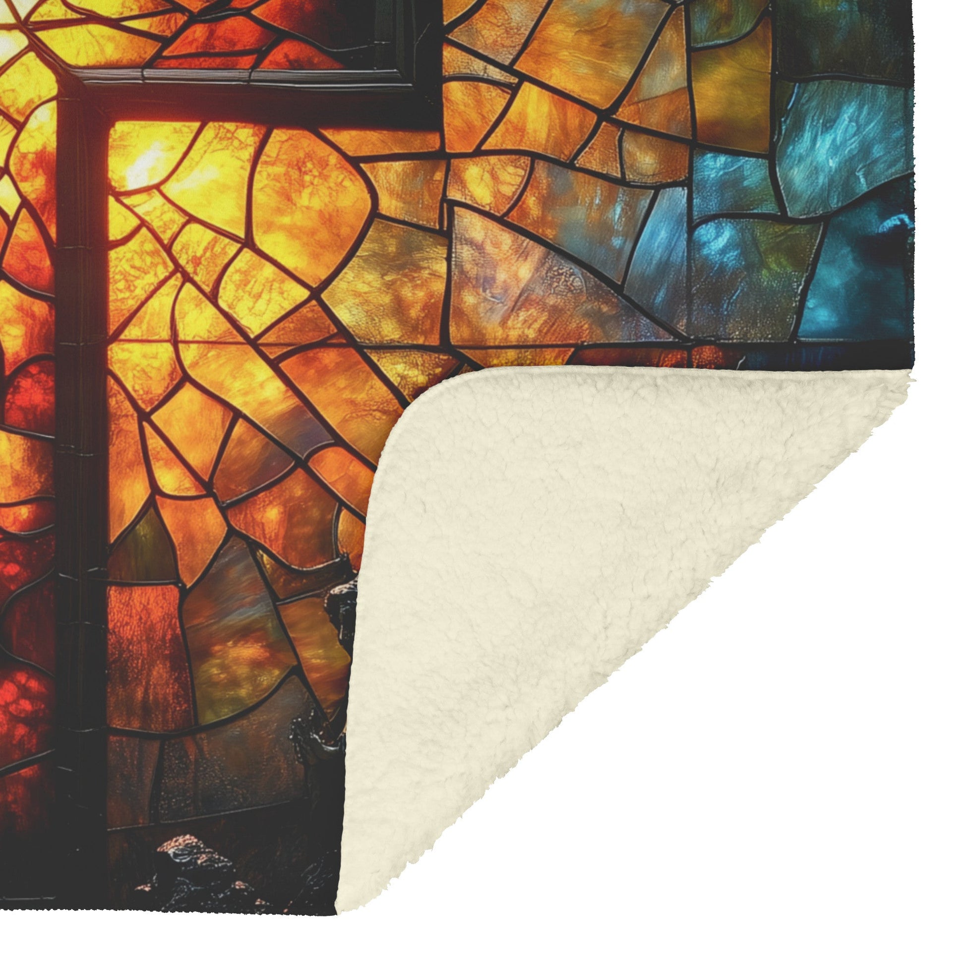 Stained Glass Cross with Glowing Angels Design Fleece Sherpa Blanket Christian Home Decor for Faith Comfort and Inspiration - Awakening Righteousness