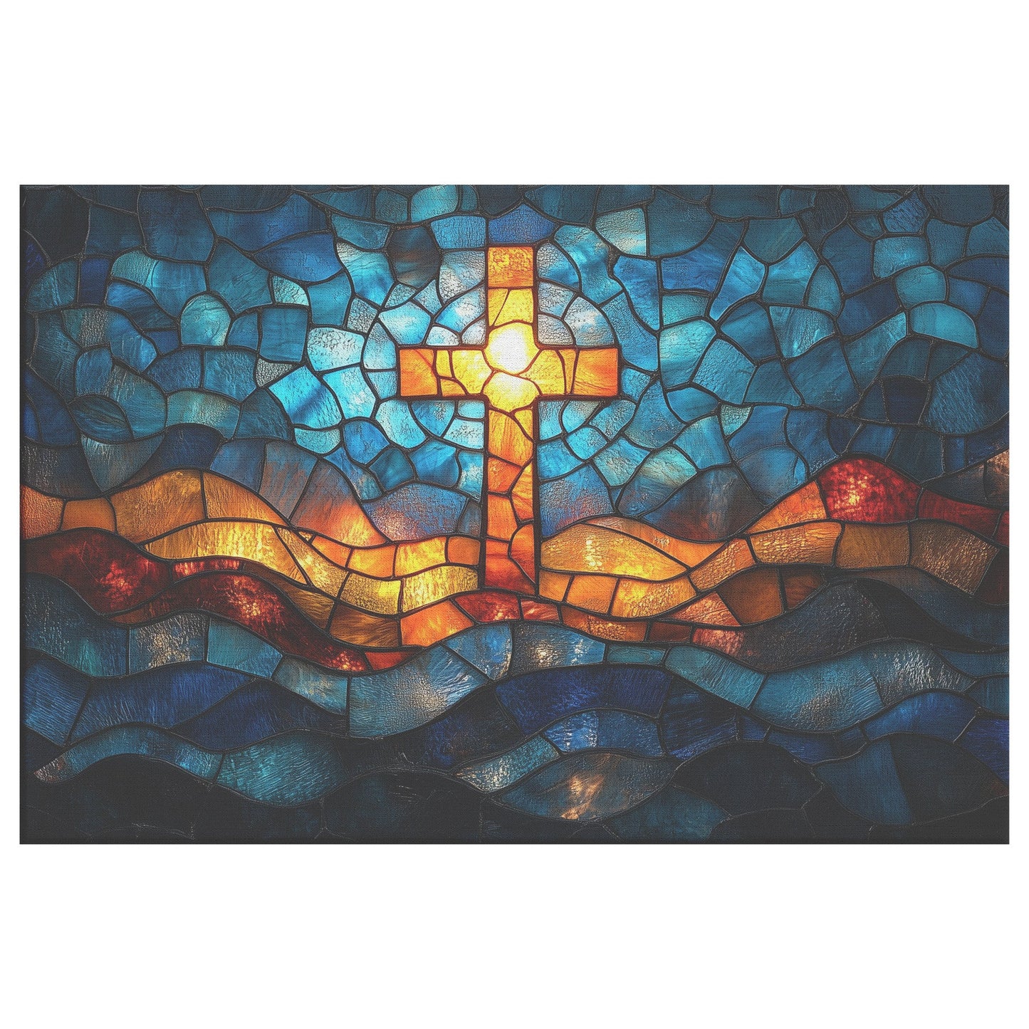 Stained Glass Cross with Ocean Waves and Radiant Sunset Christian Canvas Wall Art for Inspiring Home Decor - Awakening Righteousness