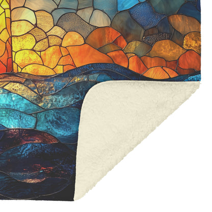 Stained Glass Cross with Ocean Waves Design Fleece Sherpa Blanket Christian Home Decor for Faith Comfort and Inspiration - Awakening Righteousness