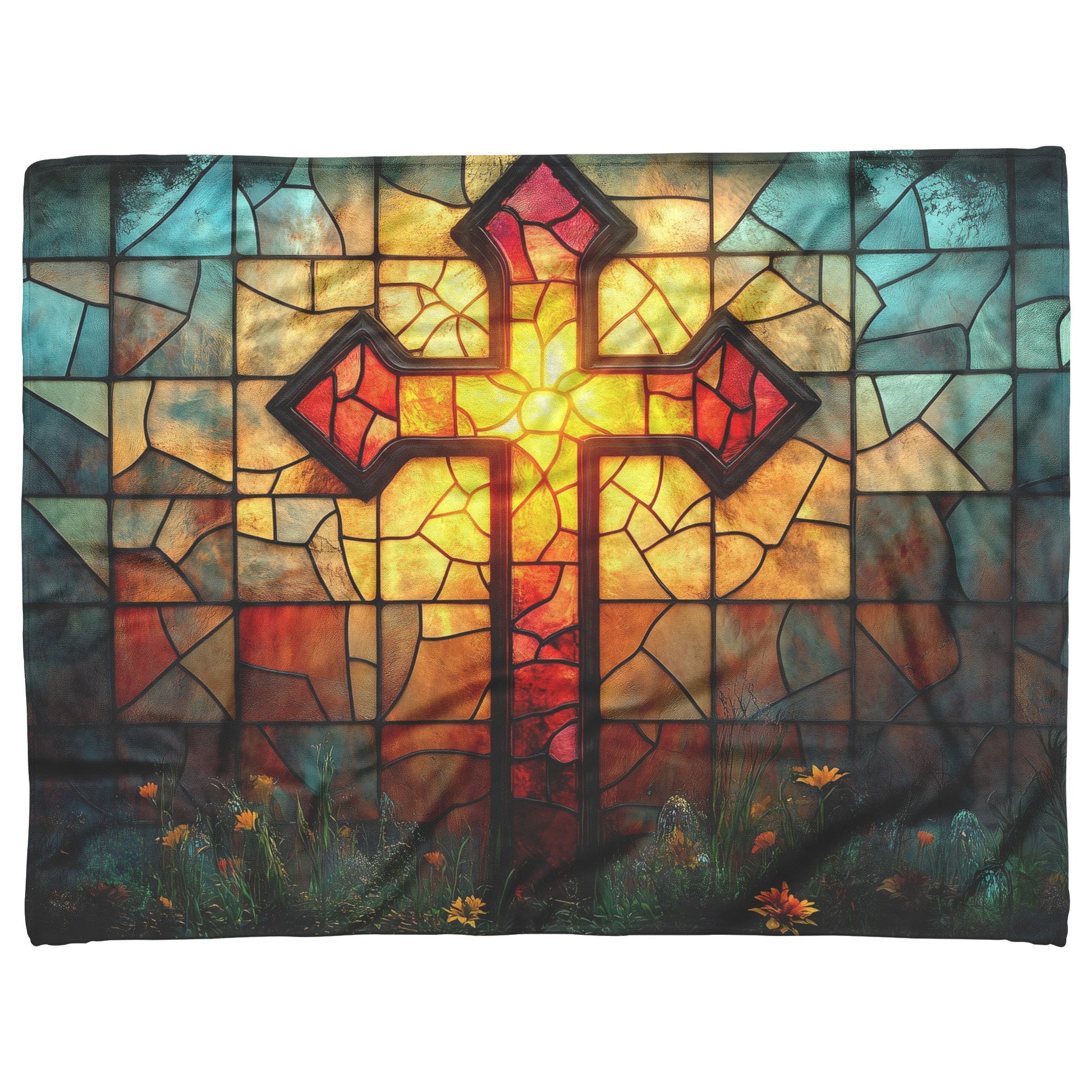 Stained Glass Cross with Radiant Light and Floral Design Fleece Sherpa Blanket Christian Decor for Comfort and Faith - Awakening Righteousness