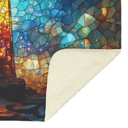 Stained Glass Cross with Starry Night Sky Design Fleece Sherpa Blanket Christian Decor for Comfort and Inspiration - Awakening Righteousness