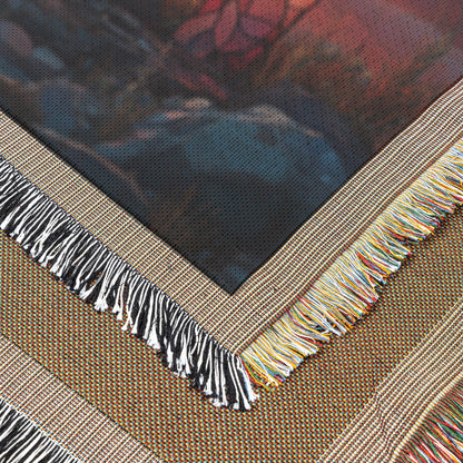 Stained Glass Cross with Sunset Sky and Mountain View Woven Throw Blanket for Cozy Home Decor - Awakening Righteousness