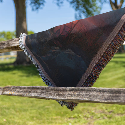 Stained Glass Cross with Sunset Sky and Mountain View Woven Throw Blanket for Cozy Home Decor - Awakening Righteousness