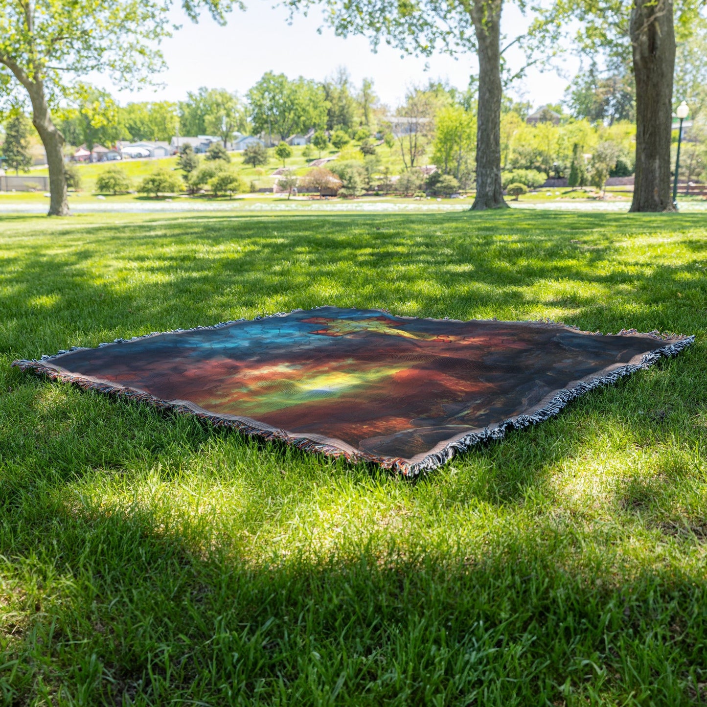 Stained Glass Cross with Sunset Sky and Mountain View Woven Throw Blanket for Cozy Home Decor - Awakening Righteousness