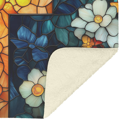 Stained Glass Cross with Vibrant Floral Design Fleece Sherpa Blanket Christian Decor for Comfort and Inspiration - Awakening Righteousness