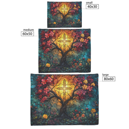 Stained Glass Cross With Vibrant Flowers Fleece Sherpa Blanket Christian Gift Symbol Of Faith And Divine Light - Awakening Righteousness