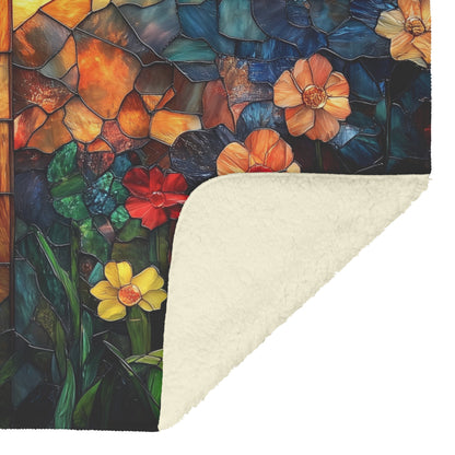 Stained Glass Cross with Vibrant Garden Flowers Design Fleece Sherpa Blanket Christian Decor for Comfort and Faith - Awakening Righteousness