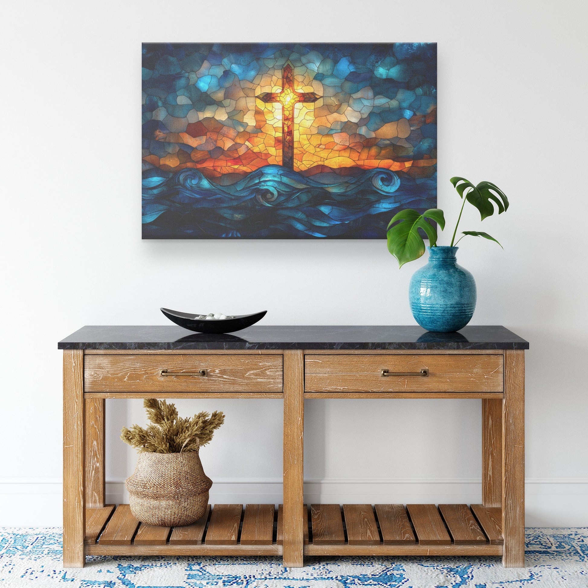 Stained Glass Cross with Vibrant Sunset Over Ocean Waves Canvas Wall Art for Christian Home Decor - Awakening Righteousness