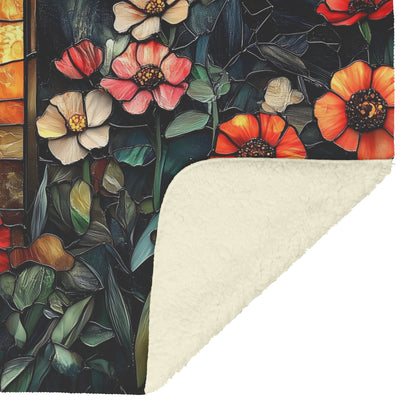 Stained Glass Cross with Vibrant Wildflowers Design Fleece Sherpa Blanket Christian Decor for Faith and Comfort - Awakening Righteousness